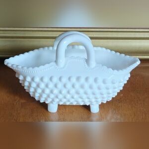 Vintage Fenton Hobnail Milk Glass 4 Footed Oval Handled Basket